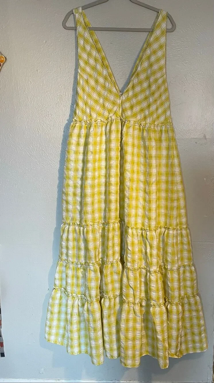 Free People Beach Club Maxi Dress yellow gingham tiered size M